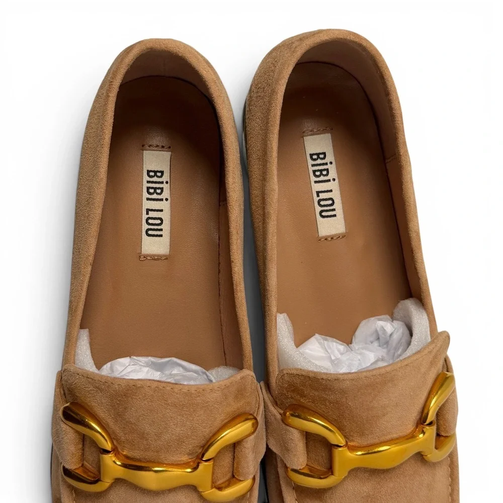 NIB Bibi Lou Zagreb Loafer Suede Gold Horsebit 41/10-10.5 Camel Anthropologie